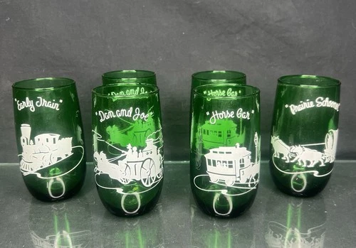 Set Of 6! VTG! Anchor Hocking Glass “Gay Nineties” Tumblers Forest Green 5”