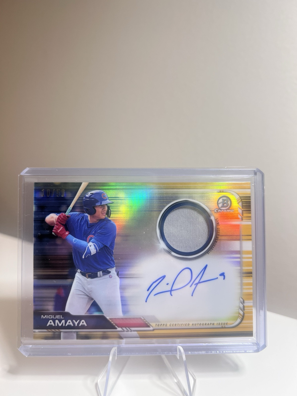 2019 Bowman Chrome Miguel Amaya Gold Refractor Patch Auto /50 BCAR-MA Cubs