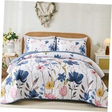 Quilt Set Floral Bedspread Soft Microfiber Lightweight Size Queen Dark Blue