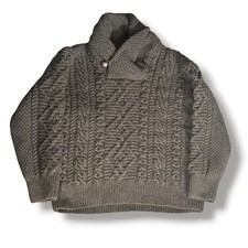 Original Aran Co Green Cable Knit Shawl Collar Wool Sweater Irish Fisherman