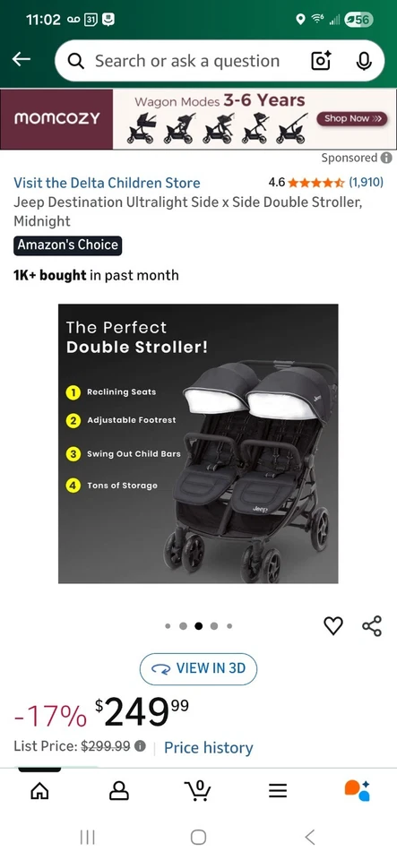 Cochecito doble ultraligero lateral x lateral Jeep Destination, medianoche Foto 3 de 4