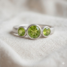 Three Stone Peridot Ring in 925 Sterling Silver, August Birthstone Jewelry