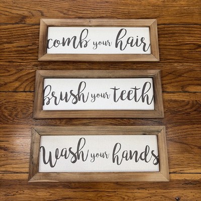 Wash Your Hands, Comb Your Hair, Brush Your Teeth Hanging Wood Sign Decor NIB