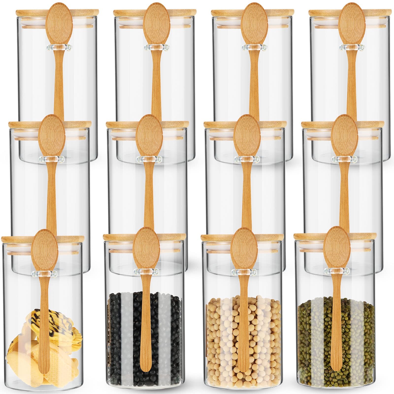 12 Sets Glass Jars with Bamboo Lid and Spoon 23 oz Clear Canisters with Airti...