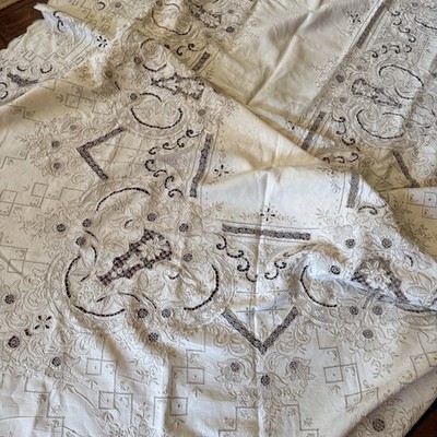 Antique Floral Madeira Hand Embroidered Linen Tablecloth Drawnwork Needlelace
