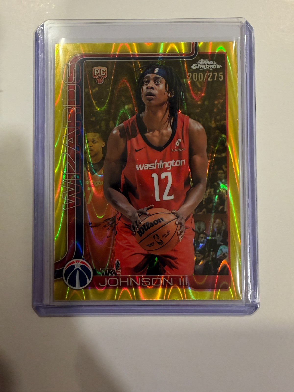Tre Johnson III 2025-26 Topps Chrome RC #256 SP Yellow RayWave /275 Wizards