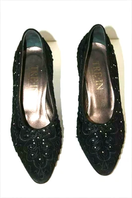 TRE IN Escarpins de Soirée Velours Noir Broderie Strass T 36 TTBE - Photo 1/4