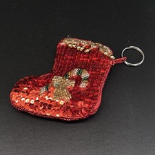 Vtg Red Christmas Stocking Sequined/Beaded Mini Coin Purse Key Chain Candy Cane