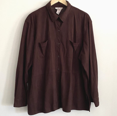 Jones New York Sport Womens 3X Brown Button Up Shirt Suede Feel Stretch