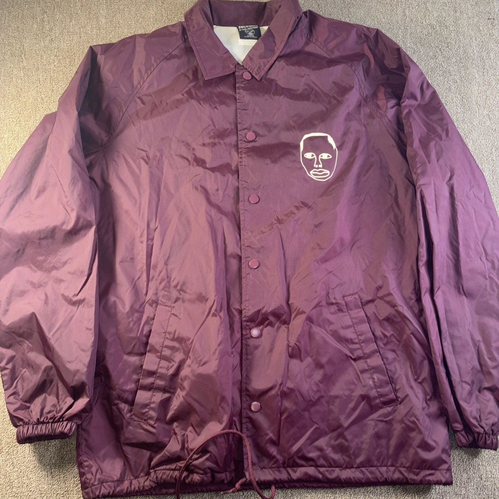 Earl Sweatshirt Windbreaker Jacket Button Maroon Face Logo 1994 Spell Out Large