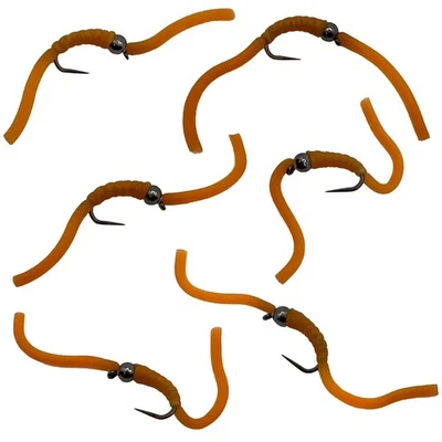 THOR OUTDOOR Squirmy Wormy 6 Pc, Tan Barbless Wet Worm Trout Panfish Fly Fishing Flies