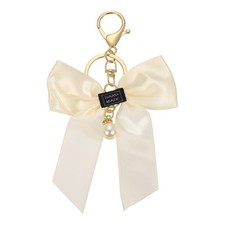 Bow Knot Keychain Cute Bag Charm Keyring for Women Purse Beige with Pearl 