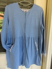 Carole Hochman Short Cotton Knit Robe pockets baby blue/blue trim Sz Large