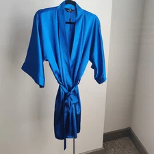 Vintage Style Luxurious Chic Midnight Blue Satin Silk Feel Kimono Bathrobe Sz M