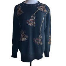 Vintage 1990s Holiday Sweater Womens Small Lambswool Angora Beaded Rhinestones