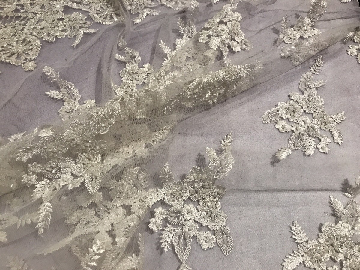 beaded fabric for dresses Heavy Couture Lace Wedding Dress, 3D Pearl Bridal L Ace Fabric, Wedding Gown Flower Lace by Yard Matte Multi-Color Mesh Heavy Embroidery