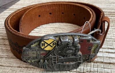C&J Pewter Belt Buckle CJ 1050 Steam Train Locomotive Railroad 1986 USA VTG