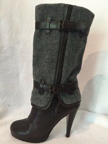 Cole Haan Air Kennedy Brown Leather Gray Wool Felt High Heel Boots 5 B Casual - Picture 2 of 10