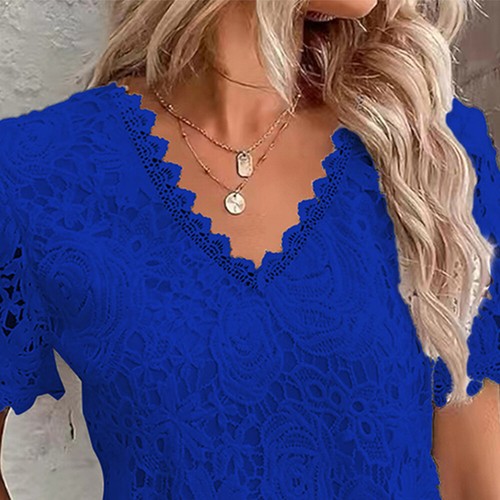 Damen Elegant Spitze Bluse Hemd V-Neck Sommer T-Shirt Oberteile Kurzarm Tunika - Bild 10 von 29