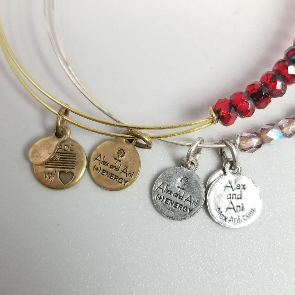 Alex and Ani Energy Pair Glass Beaded Bangles Red Gold Tone Purple Silver Tone - Image 4 of 4