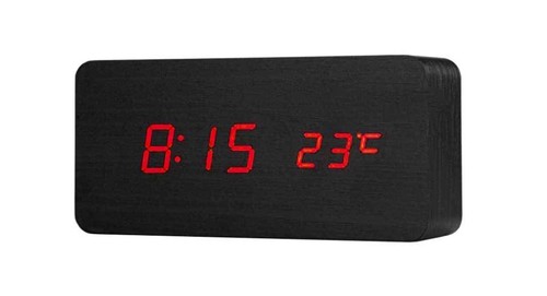 OROLOGIO SVEGLIA DIGITALE RETTANGOLARE LEGNO DISPLAY ORARIO TEMPERATURA  TAVOLO | eBay