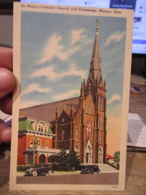 G9 Old MARION OHIO Postcard St Saint Mary's Catholic Church Rectory Priest Home