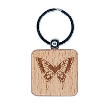 Swallowtail Butterfly Engraved Wood Square Keychain Tag Charm