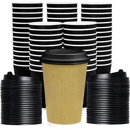 Disposable paper cups Ripple Cup 100 black & kraft hot drink cups 8oz, 12oz,16oz