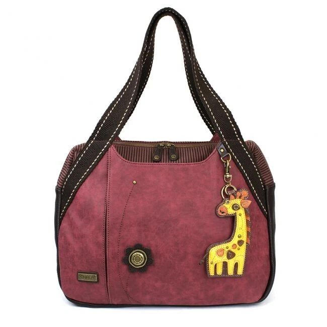 New Chala Bowling Tote Large Bag Pleather Burgundy Red GIRAFFE Key chain gift
