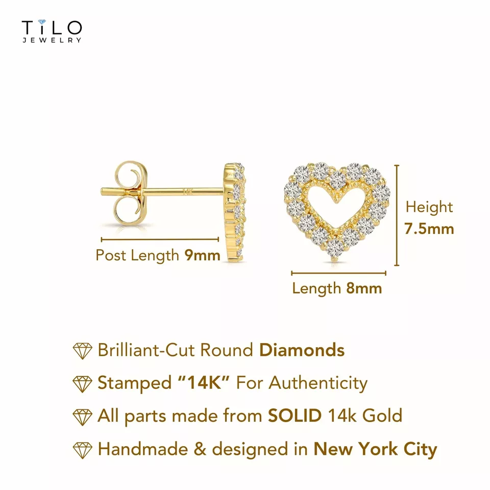 14K Real Solid Gold .252 Ct Diamond Open Heart Stud Earrings Push-back Lab Grown - Image 3 of 4