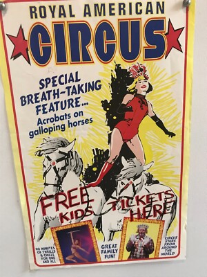 VINTAGE ROYAL AMERICAN CIRCUS POSTER  14''X22'' ACROBATS ON HORSES/COCO THE CLOWN