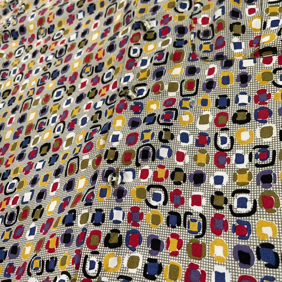 VTG Reunion Shirt Mens Large L Beige Geometric Atomic Print 80s 90s Rayon Preppy - Image 4 of 4