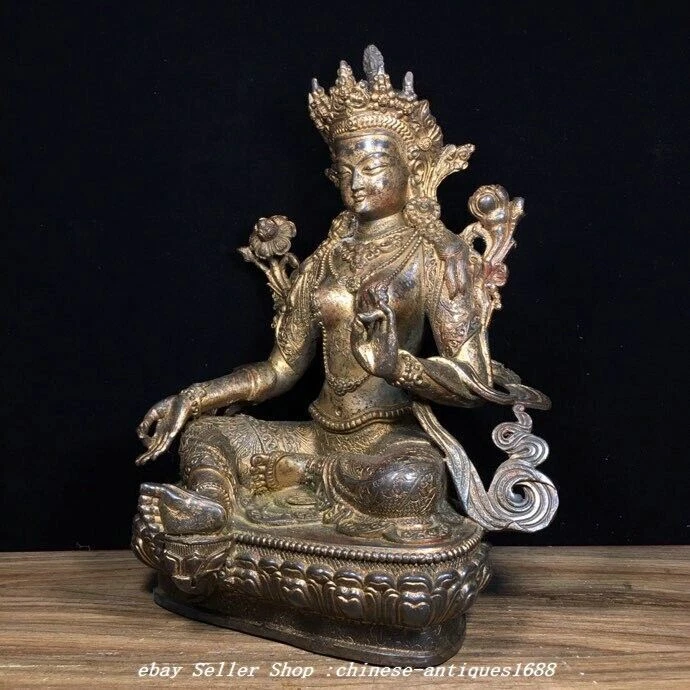 Estatua de Buda Diosa Tara Guanyin Kwanyin Verde Cobre Puro Tíbet Antiguo 11,6" Foto 4 de 4