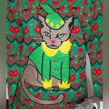 Ugly Christmas Sweater Cat Elf Novelty Pullover Green Red Holiday Party