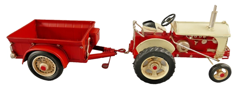 Traktor SCHLEPPER + HÄNGER Modell BLECHMODELL Oldtimer ROT DEKORATION  JMA268.1 - Bild 4 von 4