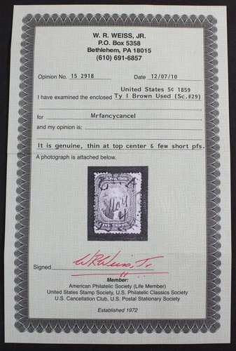 CKStamps: US Stamps Collection Scott#29 5c Jefferson Used Weiss Cert