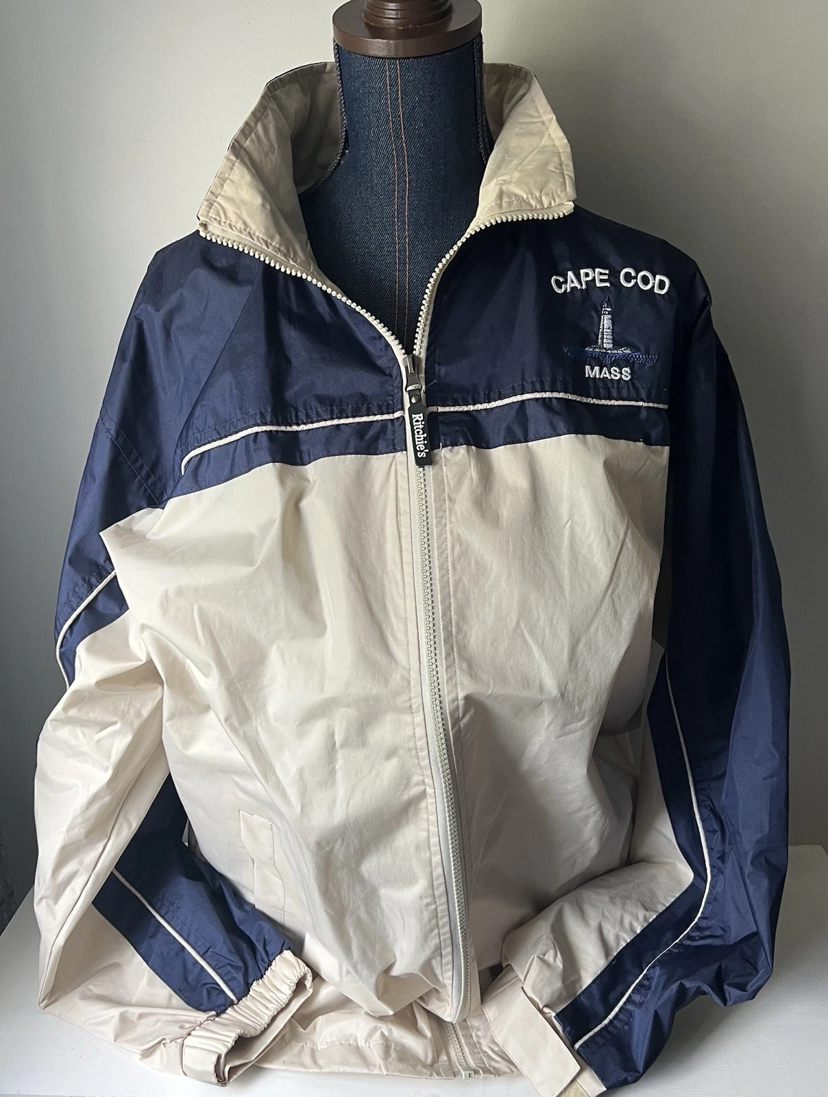 Ritchies Sportswear Cape Cod Windbreaker Jacket Mens Medium Cream Blue Raincoat