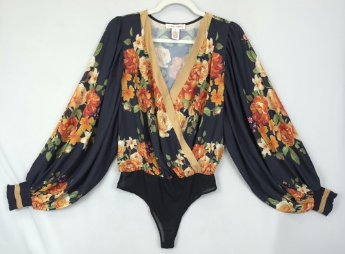 Flying Tomato Bodysuit Womens Small Black Floral Surplice Long Sleeve Boho Top - Picture 12 of 12