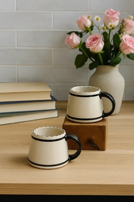 Set Of 2 Retro Studio Pottery Mugs White Black Earthenware Swirl Design Handmade
