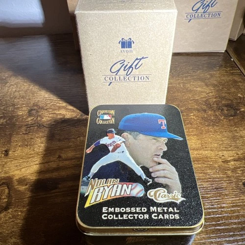 Vintage Avon Nolan Ryan 5 Sealed Embossed Metal Collector Cards With Tin & Box