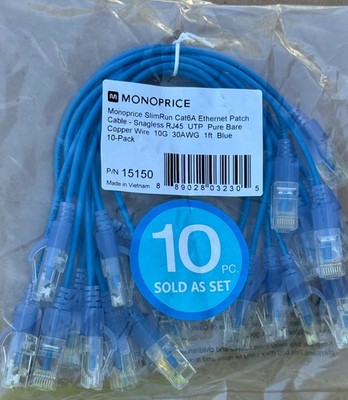 MONOPRICE  Cat6A, 10G SlimRun 10 PIECES, 1FT ETHERNET PATCH CABLE Free shipping.