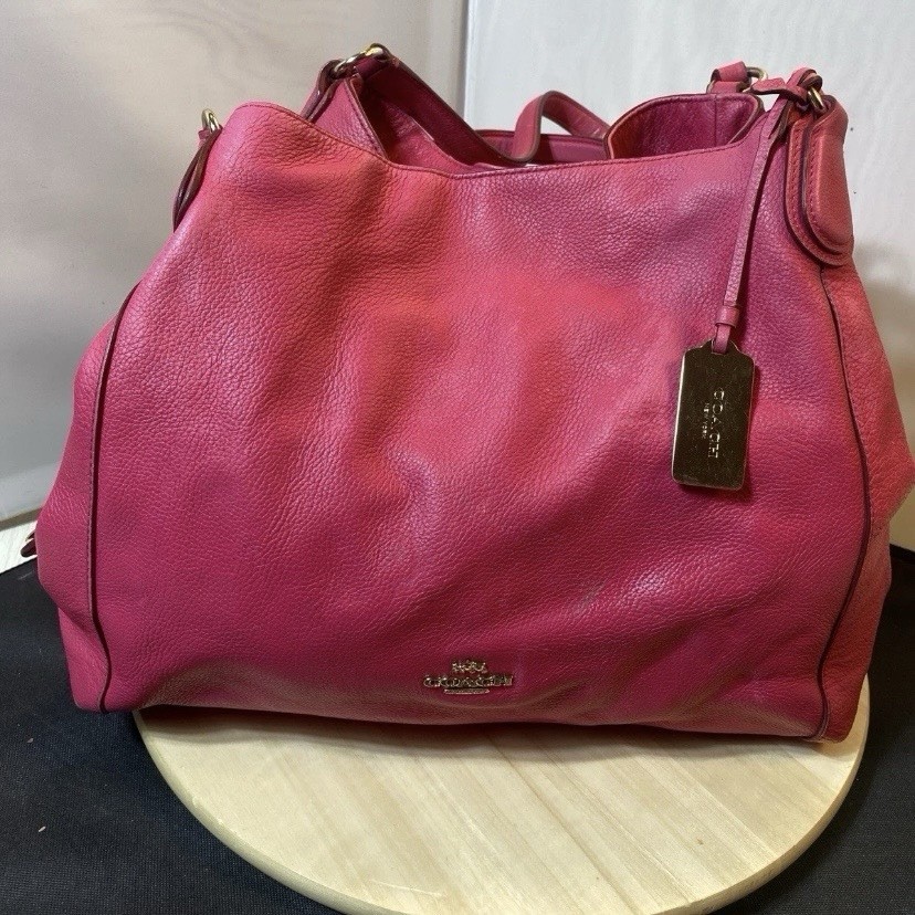 Coach Edie Shouder Bag Leather Turnlock Triple Compartment Pink