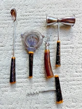 Vintage MCM Chrome and Faux Antler Craft Cocktail Bar Tool Set 5  piece set