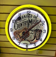 Raised On Country Music Acoustic Guitar Cowboy Hat Boots Metal 2 Ring Neon Clock
