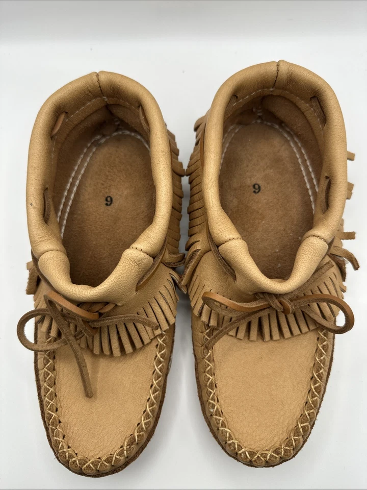 Handmade Leather Moccasins Size 9 Tan Soft Sole Fringe Shoes - Image 3 of 4