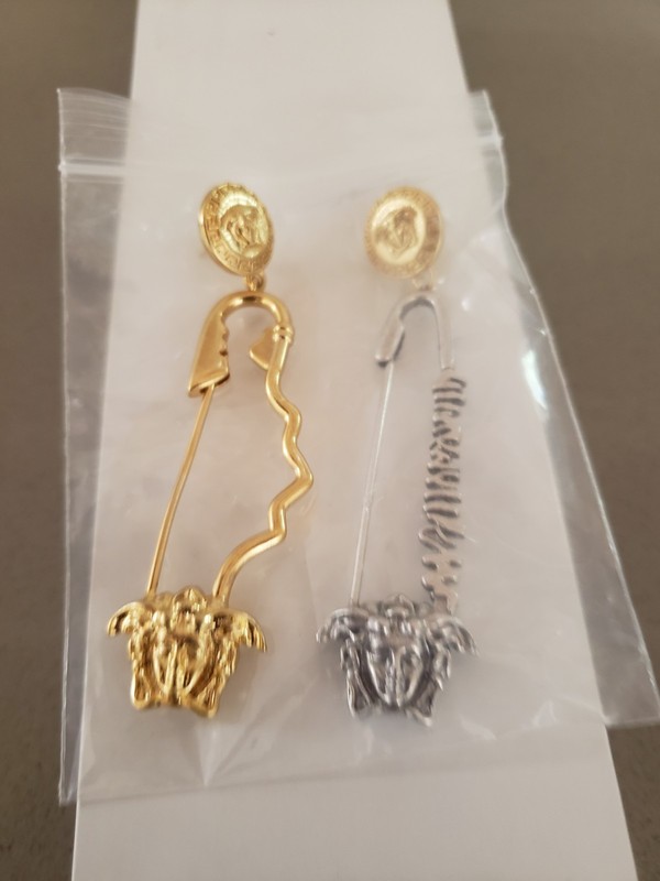 Versace Gold Medusa Head Safety Pin Shaped Drop Earrings