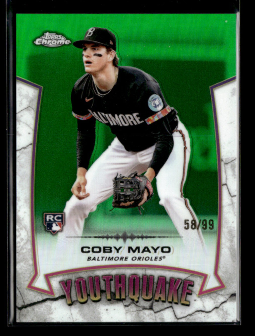 Coby Mayo RC 2025 Topps Chrome Baseball YouthQuake Green Refractor 58/99