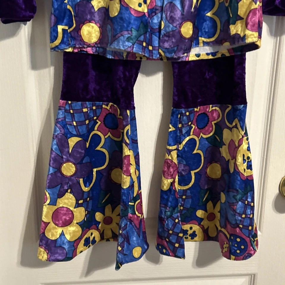 Fantasia estilo anos 1960 hippie flower power veludo com boné correspondente - grande para meninas - Imagem 4 de 4