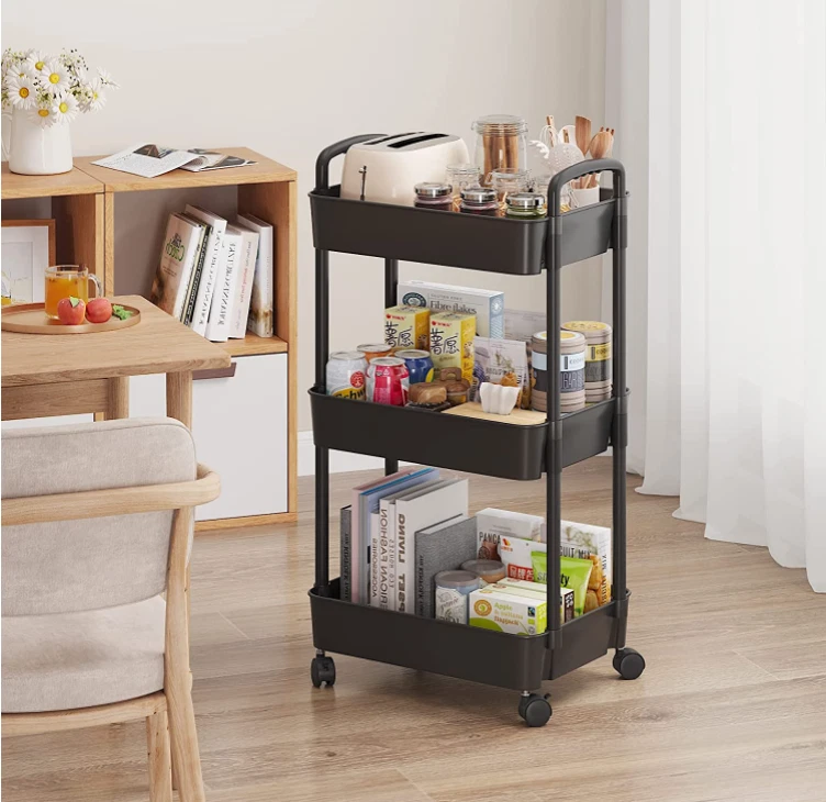 3-Tier Rolling Sywhitta Utility Cart with Handle, Multi-Functional Trolley,Black - Picture 4 of 7