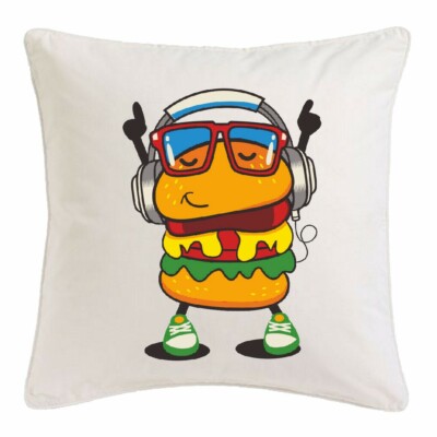 KISSENBEZUG 40X40cm HAMBURGER CHEESEBURGER FAST FOOD MIT KOPFHÖRER UND BRILLE